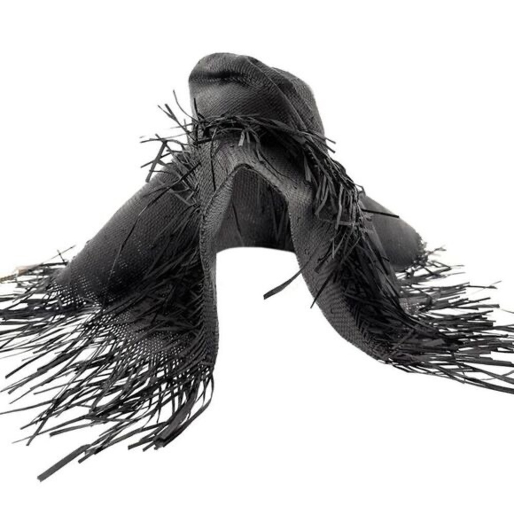 Dolce & Gabbana  Black Wide-Brimmed Fringed Sun Hat with Bow Detail-M